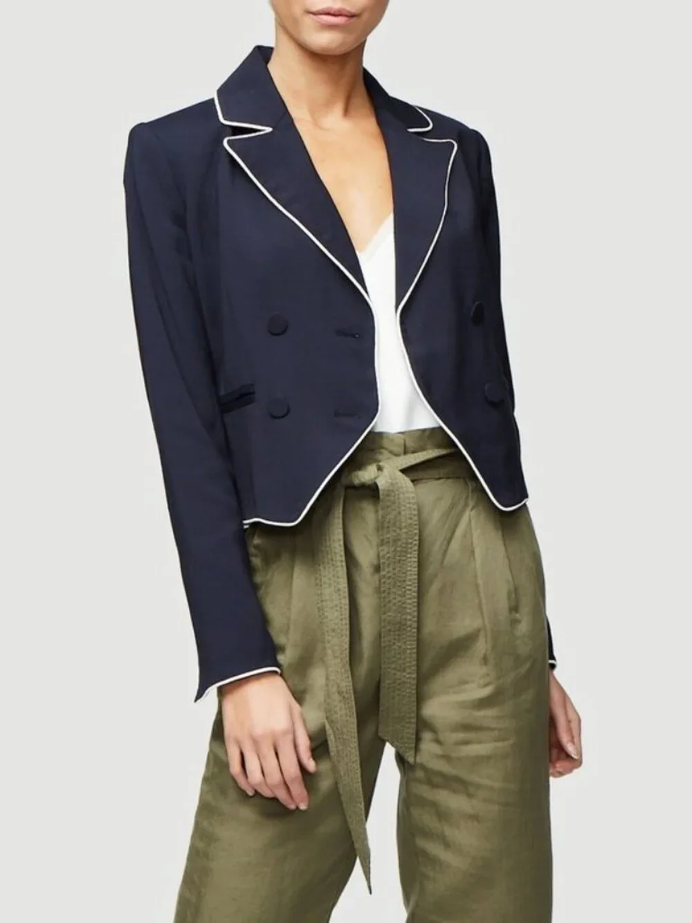 $575 FRAME Navy and White Contrast Piping Double Breasted Cropped Blazer Size 2
